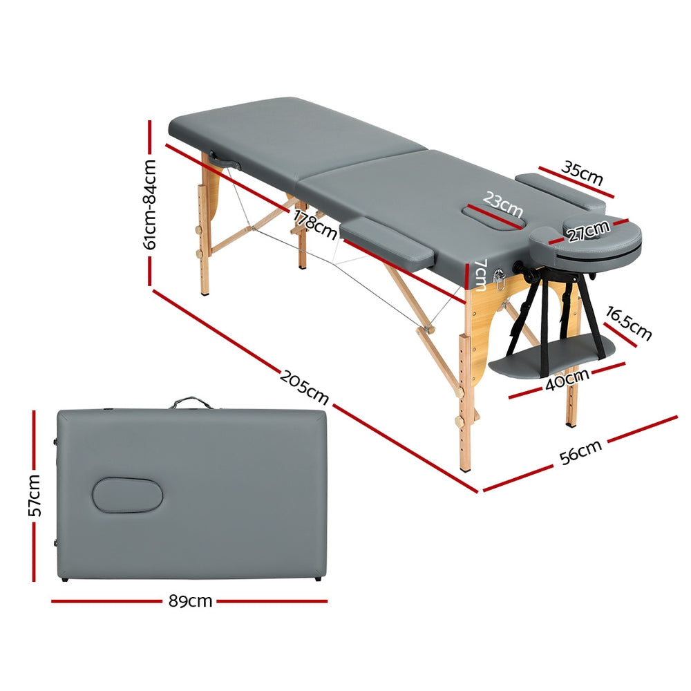 Zenses Massage Table 56cm Portable 2 Fold Wooden Beauty Bed Grey MT-WOOD-2FOLD-GREY-56