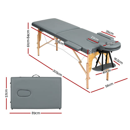 Zenses Massage Table 56cm Portable 2 Fold Wooden Beauty Bed Grey MT-WOOD-2FOLD-GREY-56