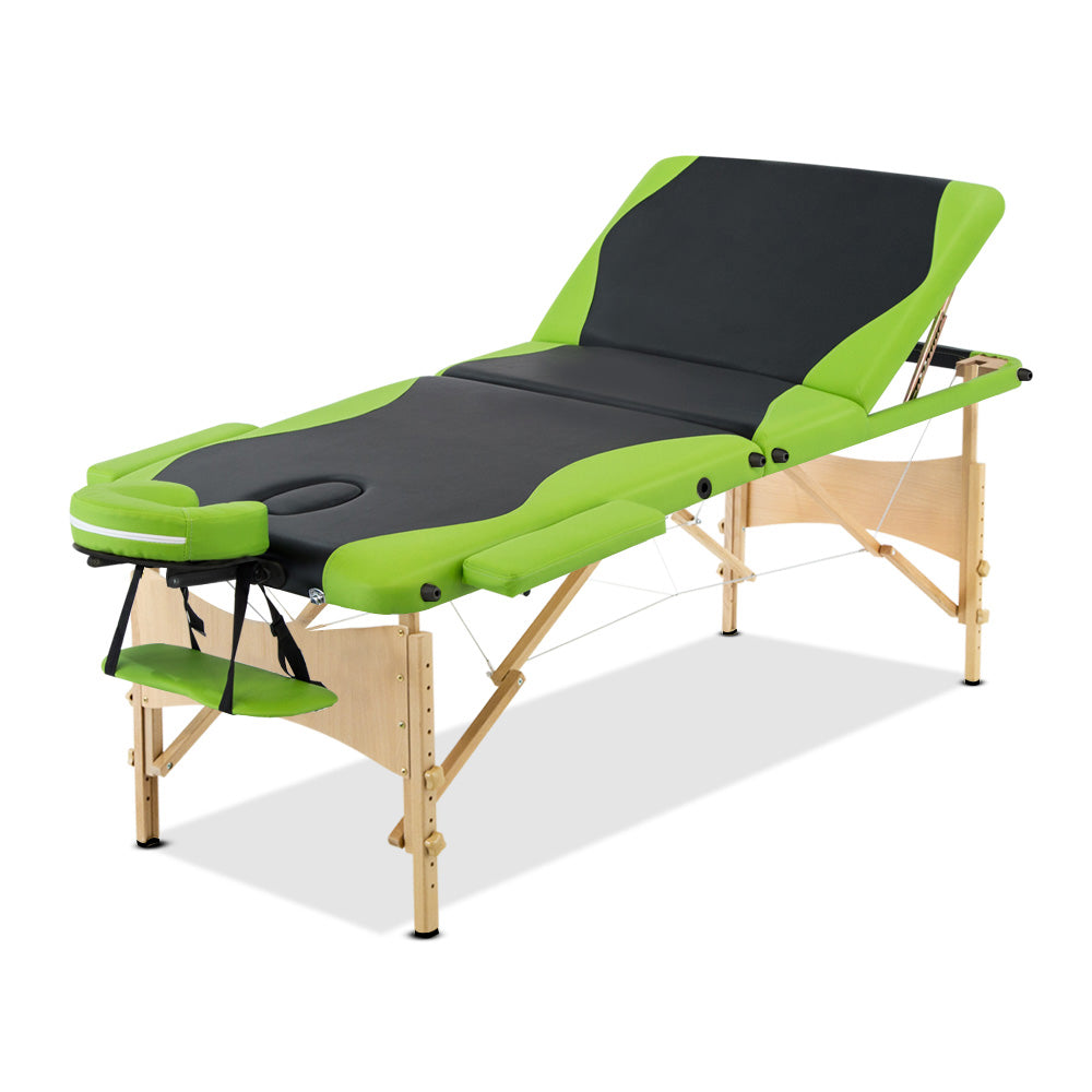 Zenses Massage Table 70cm Portable 3 Fold Wooden Beauty Bed Green MT-WOOD-F3-BKLM-70