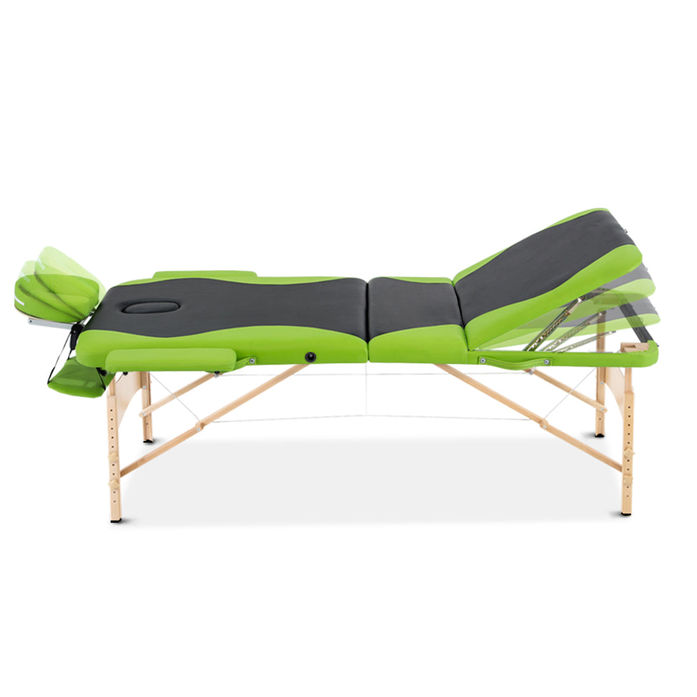 Zenses Massage Table 70cm Portable 3 Fold Wooden Beauty Bed Green MT-WOOD-F3-BKLM-70