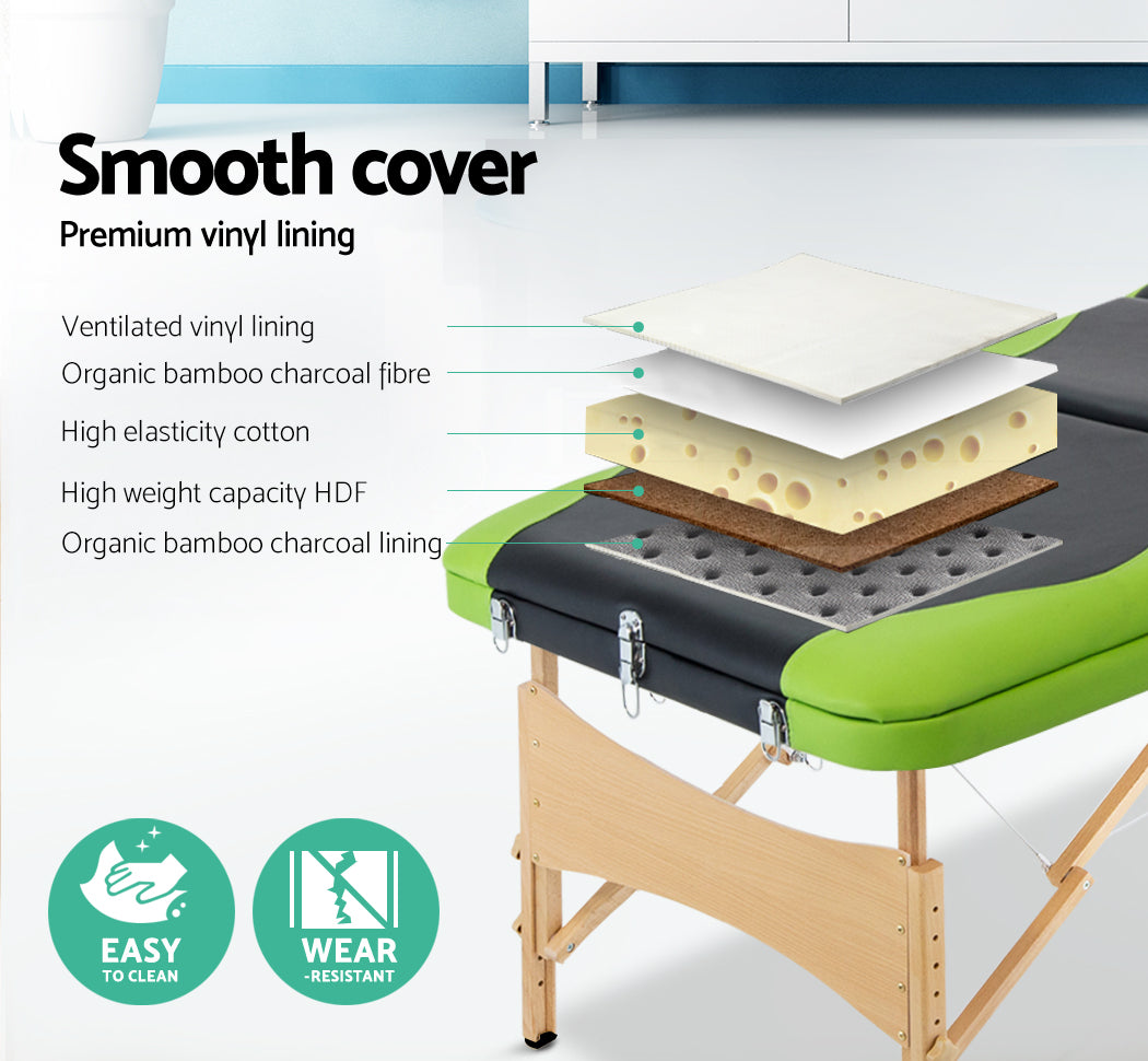 Zenses Massage Table 70cm Portable 3 Fold Wooden Beauty Bed Green MT-WOOD-F3-BKLM-70