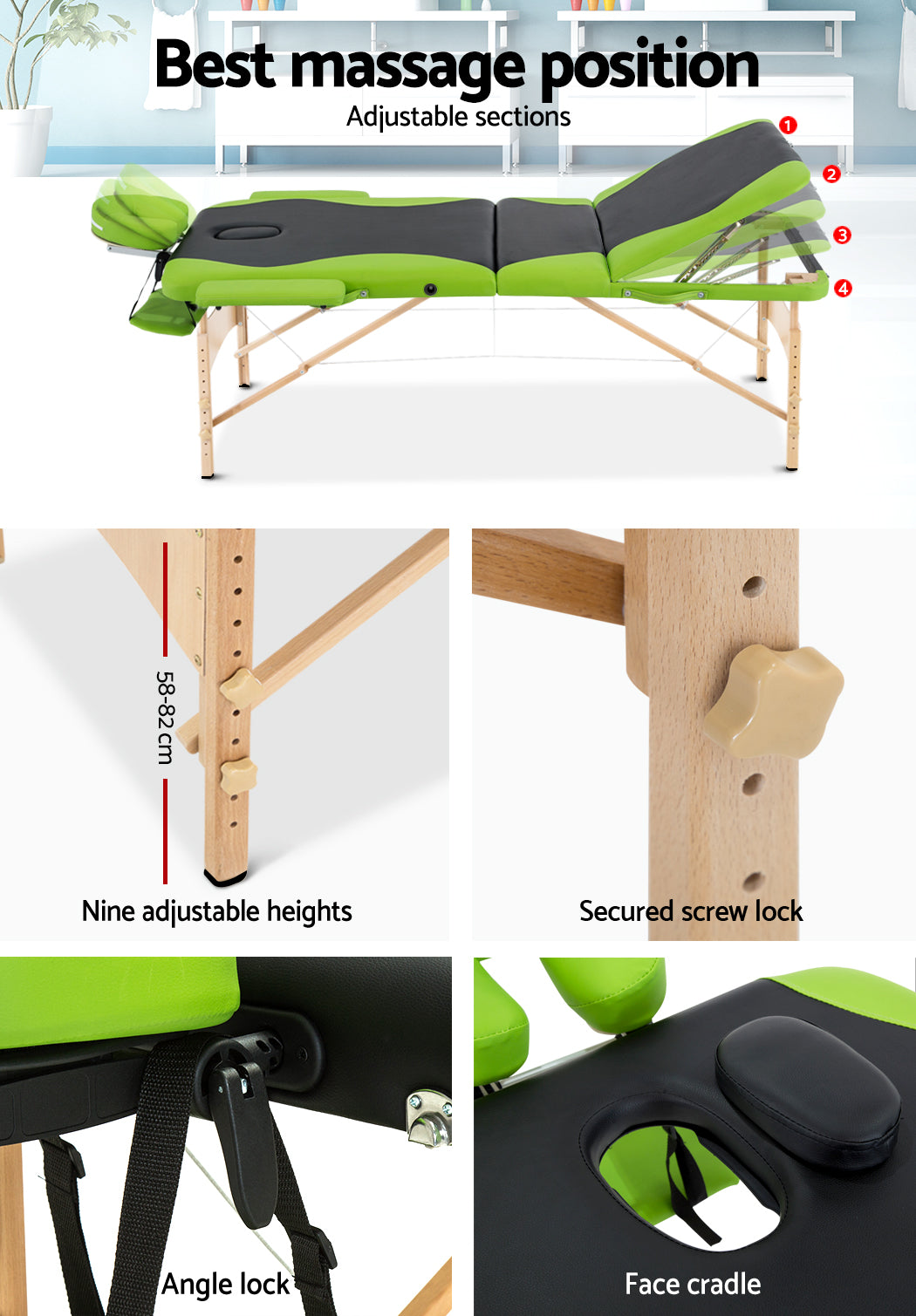 Zenses Massage Table 70cm Portable 3 Fold Wooden Beauty Bed Green MT-WOOD-F3-BKLM-70