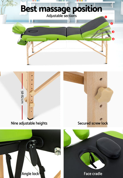 Zenses Massage Table 70cm Portable 3 Fold Wooden Beauty Bed Green MT-WOOD-F3-BKLM-70