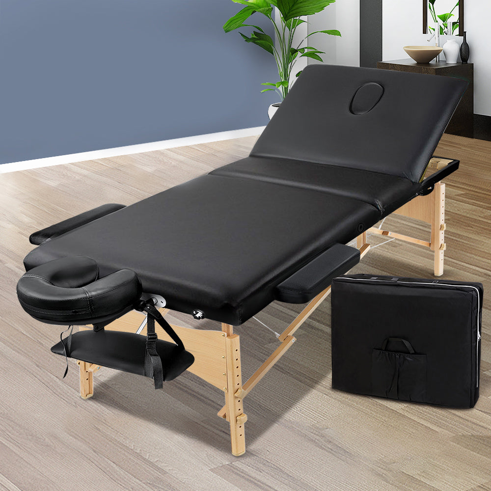 Zenses Massage Table 60cm Portable 3 Fold Wooden Beauty Bed Black MT-WOOD-F3-BLACK-60