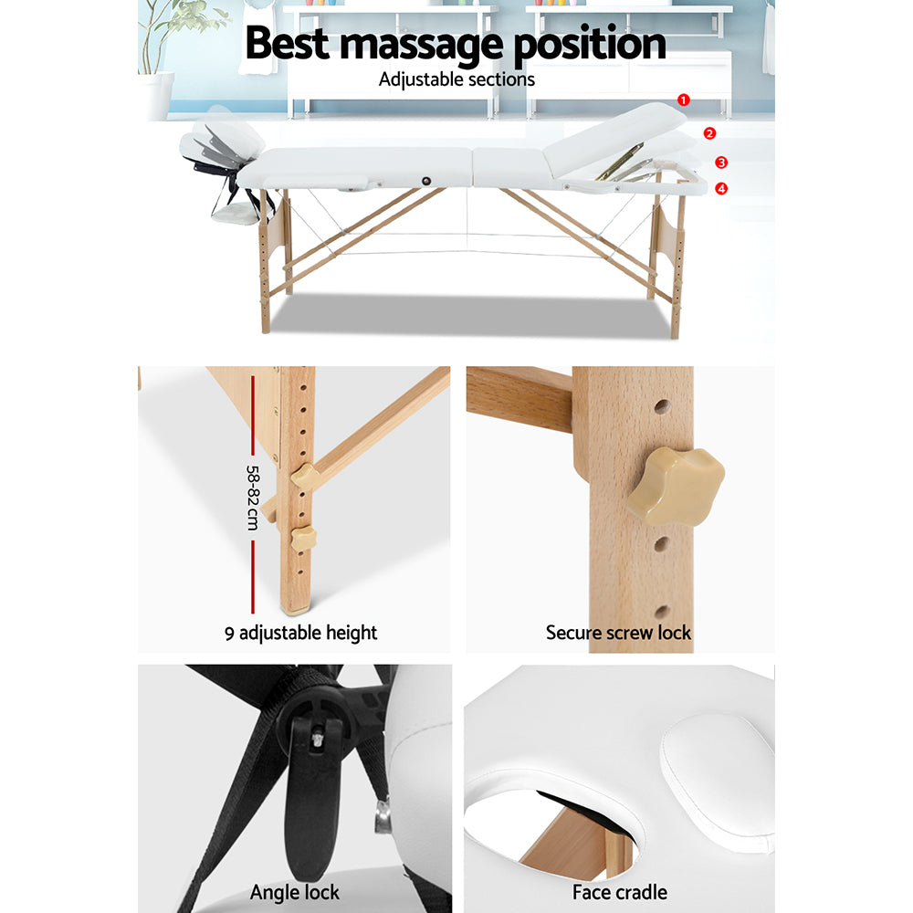 Zenses Massage Table 70cm Portable 3 Fold Wooden Beauty Bed White MT-WOOD-F3-WHITE-70