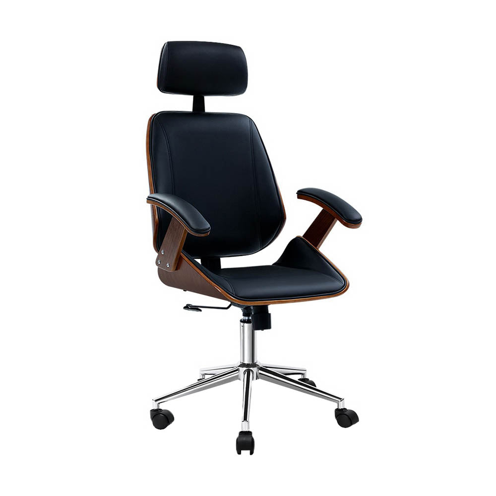 Artiss Wooden Office Chair Leather Seat Black OCHAIR-BS-5437A-BK