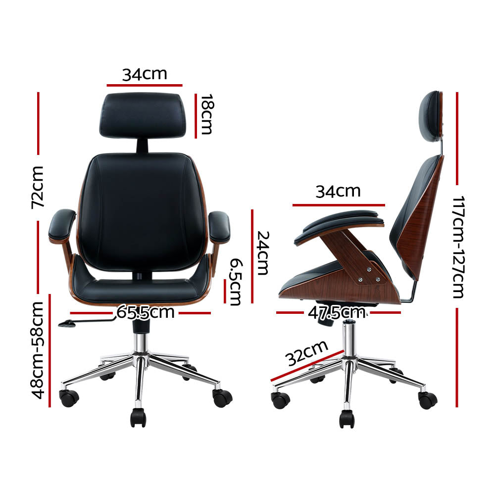 Artiss Wooden Office Chair Leather Seat Black OCHAIR-BS-5437A-BK