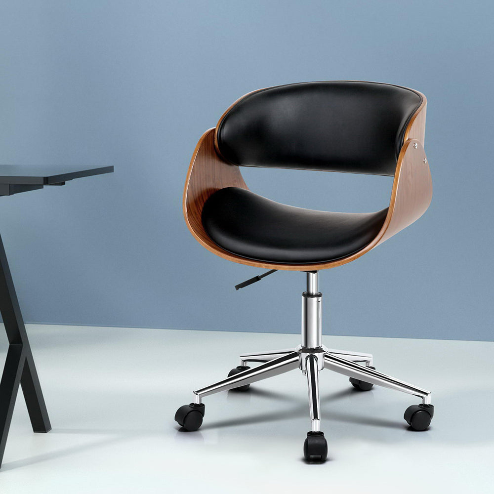 Artiss Wooden Office Chair Leather Seat Black OCHAIR-BS-5678-WA