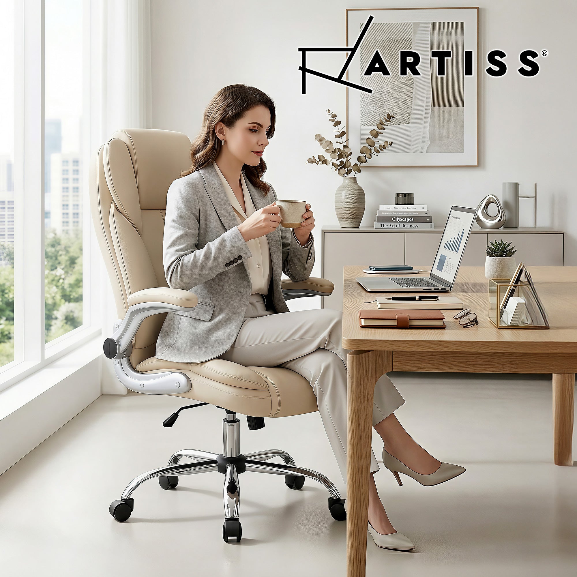 Artiss Executive Office Chair Leather Tilt Beige OCHAIR-G-9314-BG