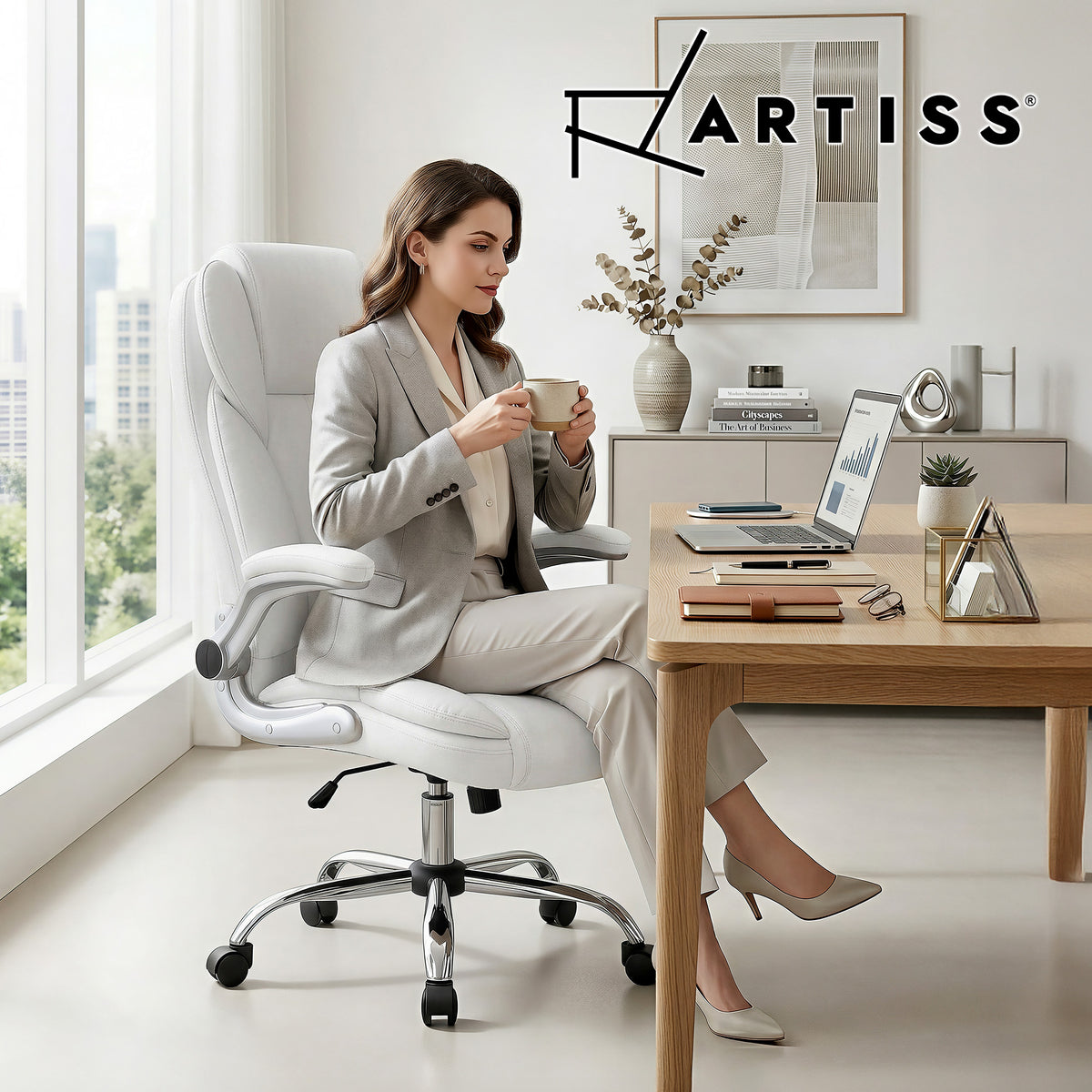 Artiss Executive Office Chair Leather Tilt White OCHAIR-G-9314-WH