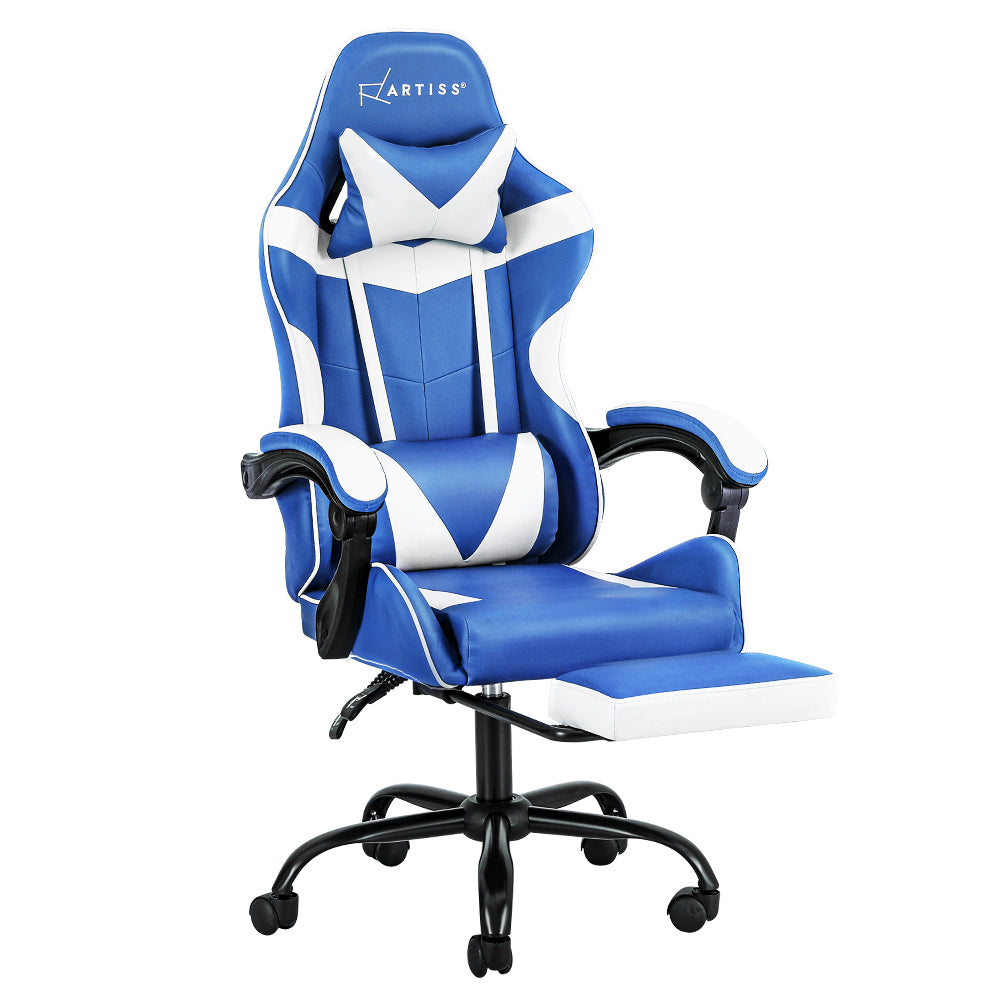 Artiss Gaming Office Chair Executive Computer Leather Chairs Footrest Blue White OCHAIR-G-R4775-FT-BU-WH
