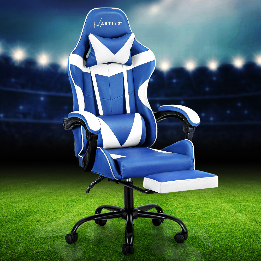 Artiss Gaming Office Chair Executive Computer Leather Chairs Footrest Blue White OCHAIR-G-R4775-FT-BU-WH