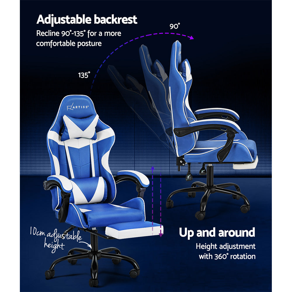 Artiss Gaming Office Chair Executive Computer Leather Chairs Footrest Blue White OCHAIR-G-R4775-FT-BU-WH