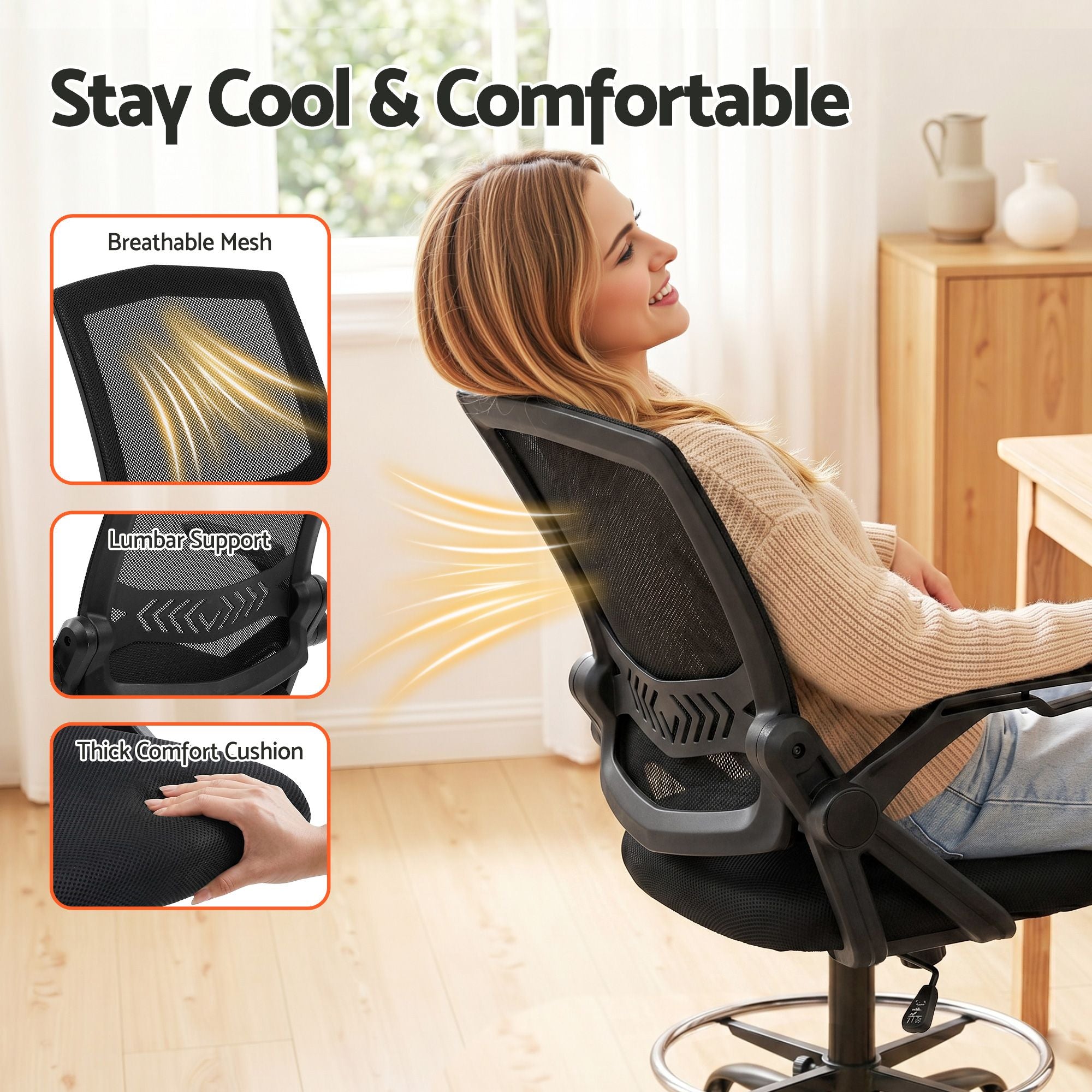 Artiss Office Chair Drafting Stool Mesh Chairs Black OCHAIR-G-RING-2003-BK
