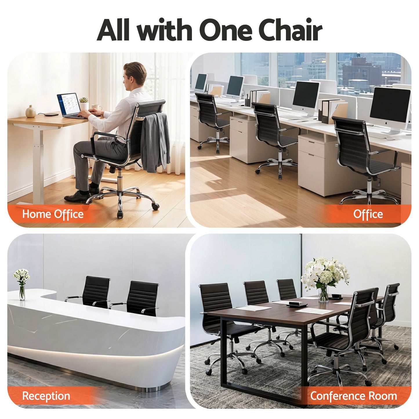 Artiss Office Chair Conference Chairs PU Leather Mid Back Black OCHAIR-H-8147-BK