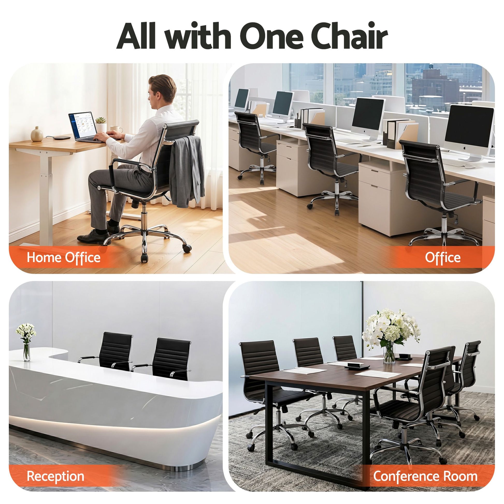 Artiss Office Chair Conference Chairs PU Leather Mid Back Black OCHAIR-H-8147-BK