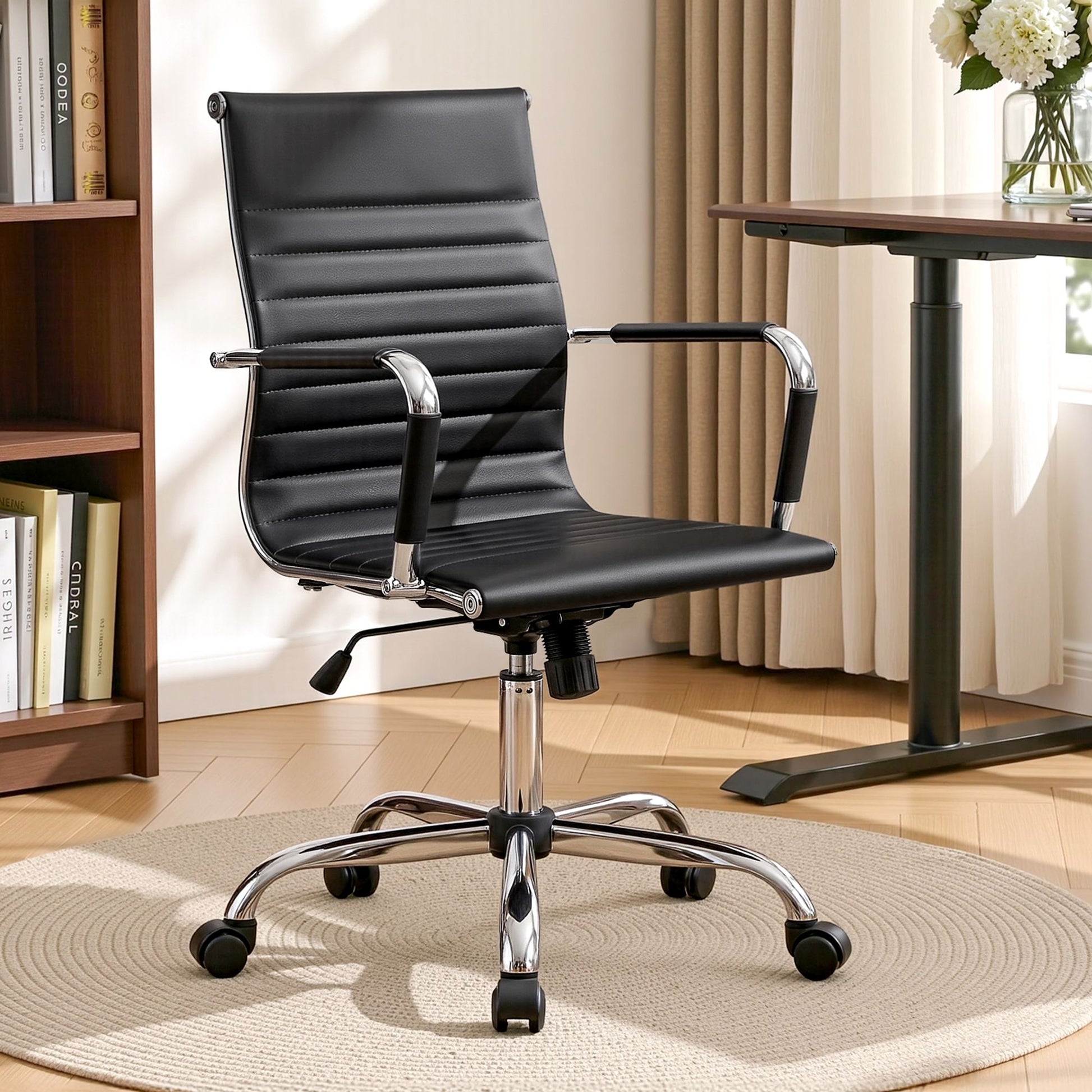 Artiss Office Chair Conference Chairs PU Leather Mid Back Black OCHAIR-H-8147-BK