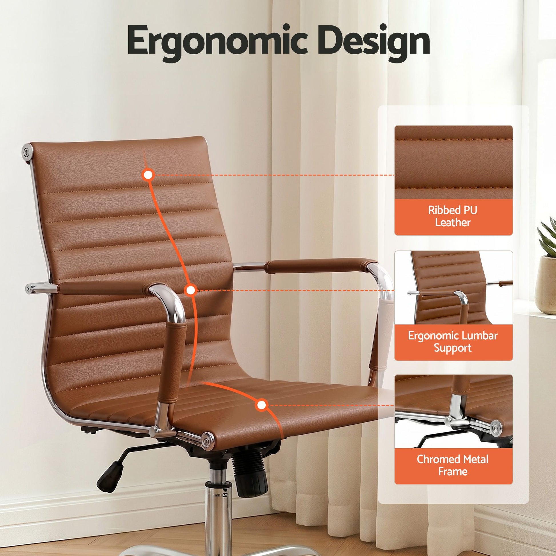 Artiss Office Chair Conference Chairs PU Leather Mid Back Brown OCHAIR-H-8147-BR