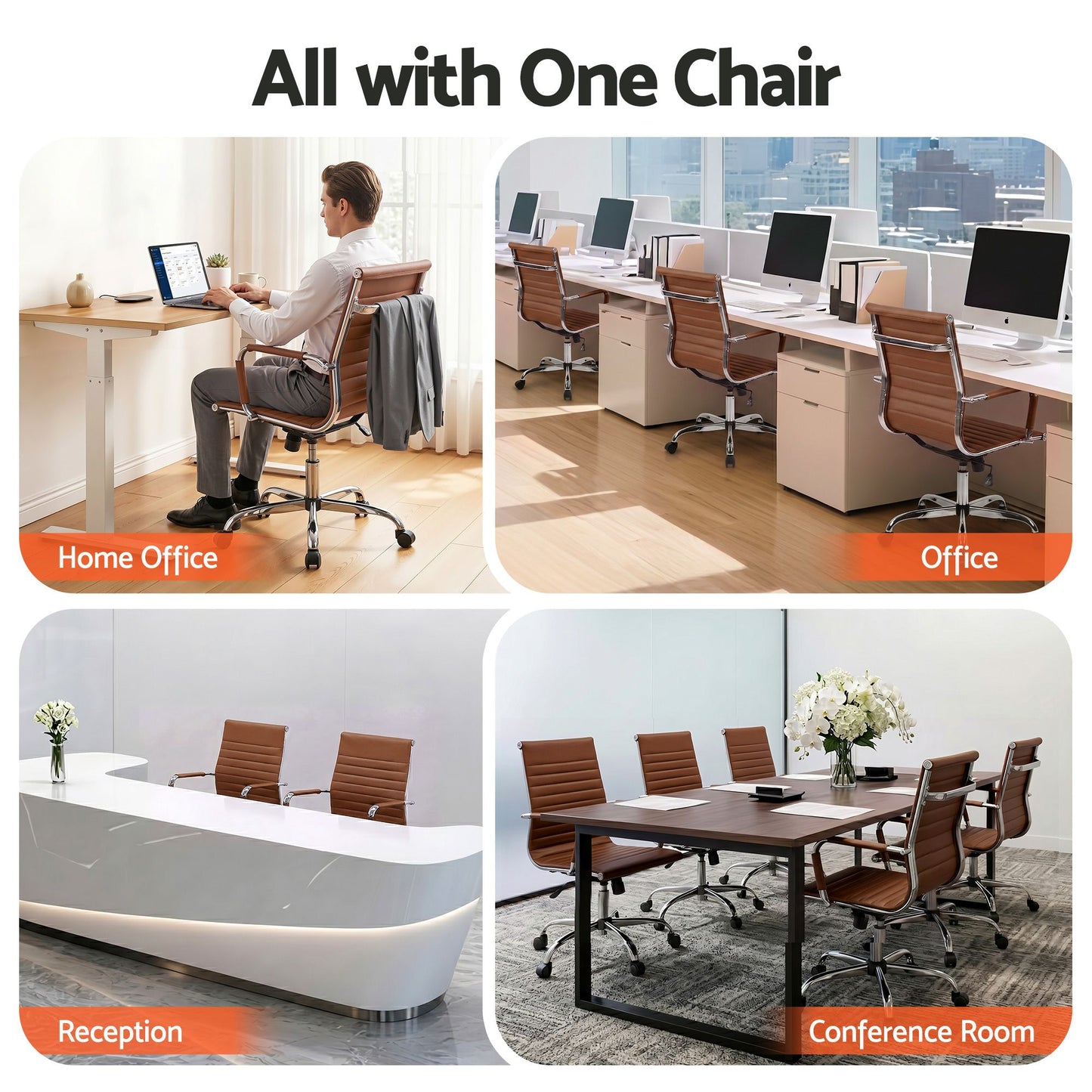 Artiss Office Chair Conference Chairs PU Leather Mid Back Brown OCHAIR-H-8147-BR