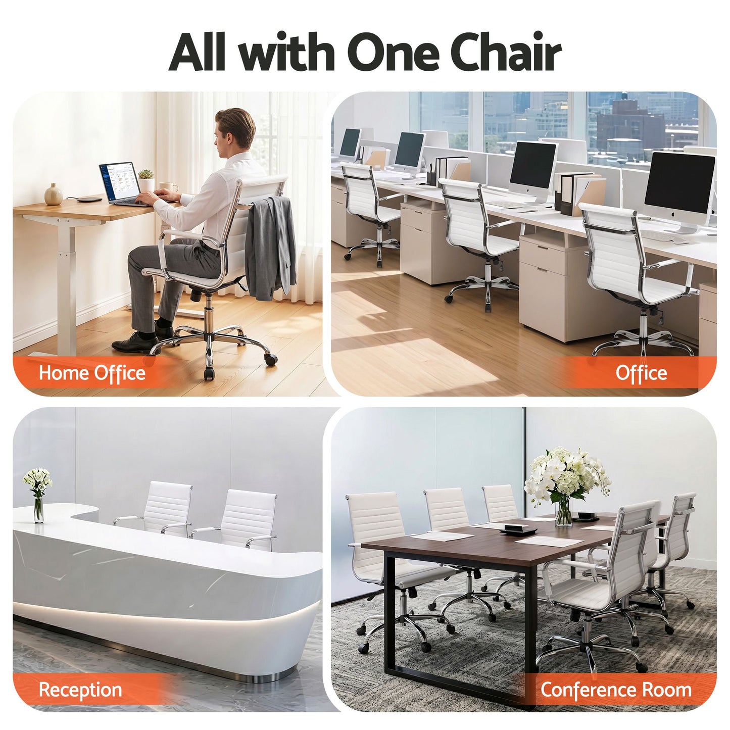 Artiss Office Chair Conference Chairs PU Leather Mid Back White OCHAIR-H-8147-WH