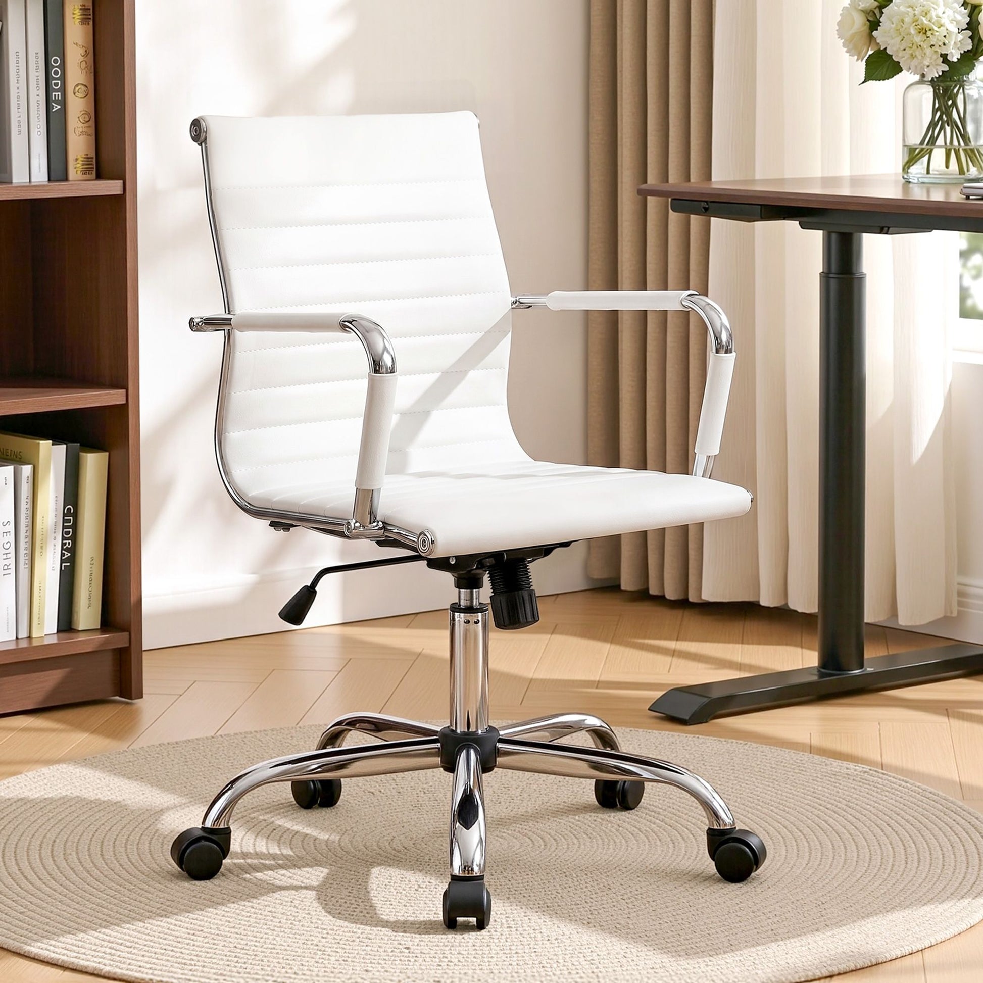 Artiss Office Chair Conference Chairs PU Leather Mid Back White OCHAIR-H-8147-WH