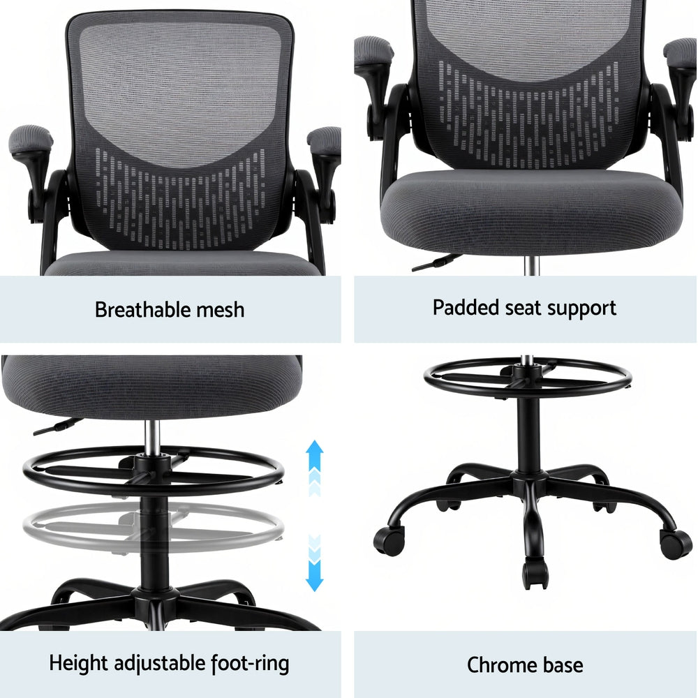 Artiss Office Chair Drafting Chairs Stool Computer Desk Studios Mesh Grey OCHAIR-H-RING-DW39-GY