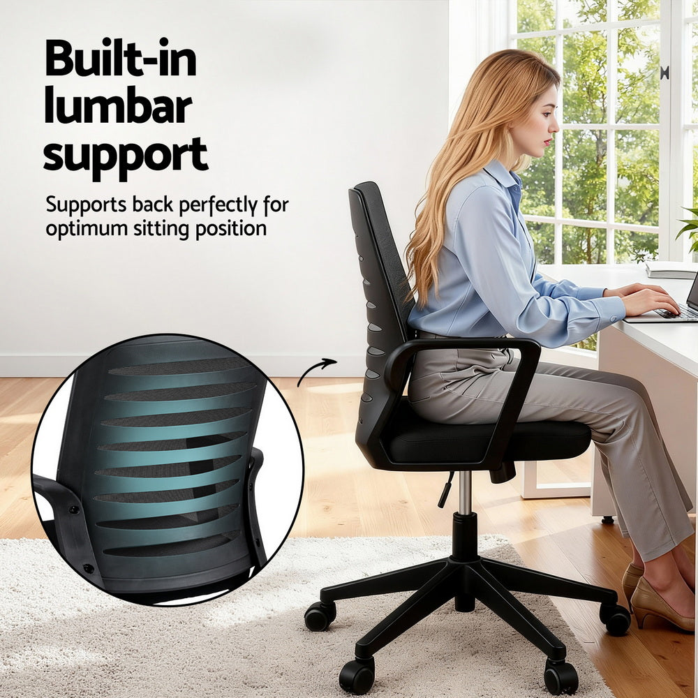Artiss Ergonomic Office Chair Mesh Computer Desk Chairs with Lumbar Support, Height Adjustment Swivel Chair OCHAIR-L-2014-BK