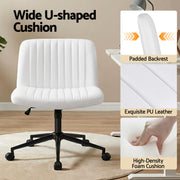 Artiss Criss Cross Chair with Wheels Wide Cross Legged Office Desk Vanity Chair PU Leather, Armless Height OCHAIR-L-2016-WH