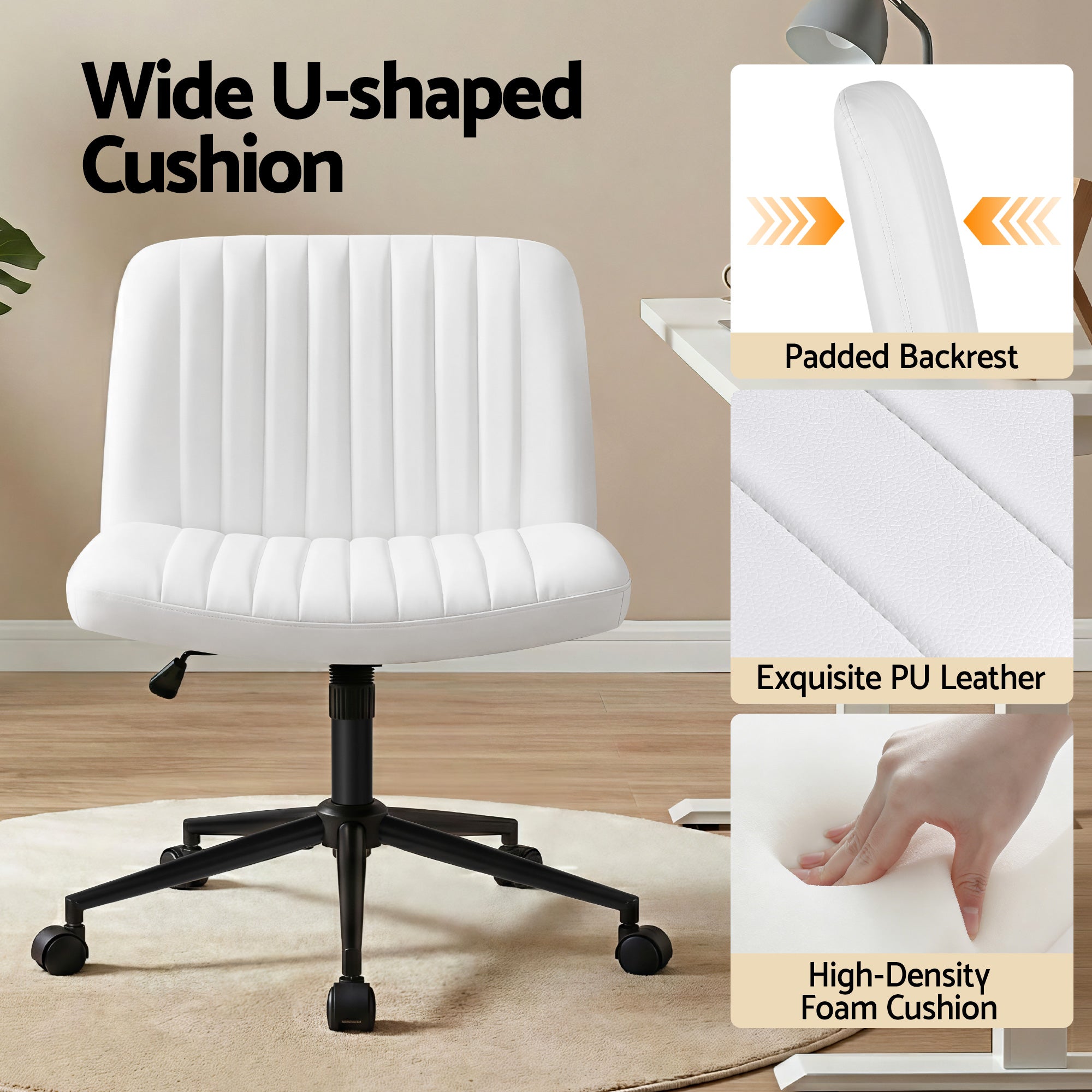 Artiss Criss Cross Chair with Wheels Wide Cross Legged Office Desk Vanity Chair PU Leather, Armless Height OCHAIR-L-2016-WH