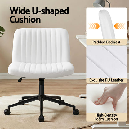 Artiss Criss Cross Chair with Wheels Wide Cross Legged Office Desk Vanity Chair PU Leather, Armless Height OCHAIR-L-2016-WH