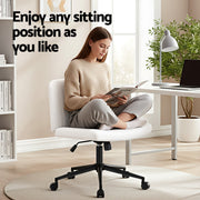 Artiss Criss Cross Chair with Wheels Wide Cross Legged Office Desk Vanity Chair PU Leather, Armless Height OCHAIR-L-2016-WH