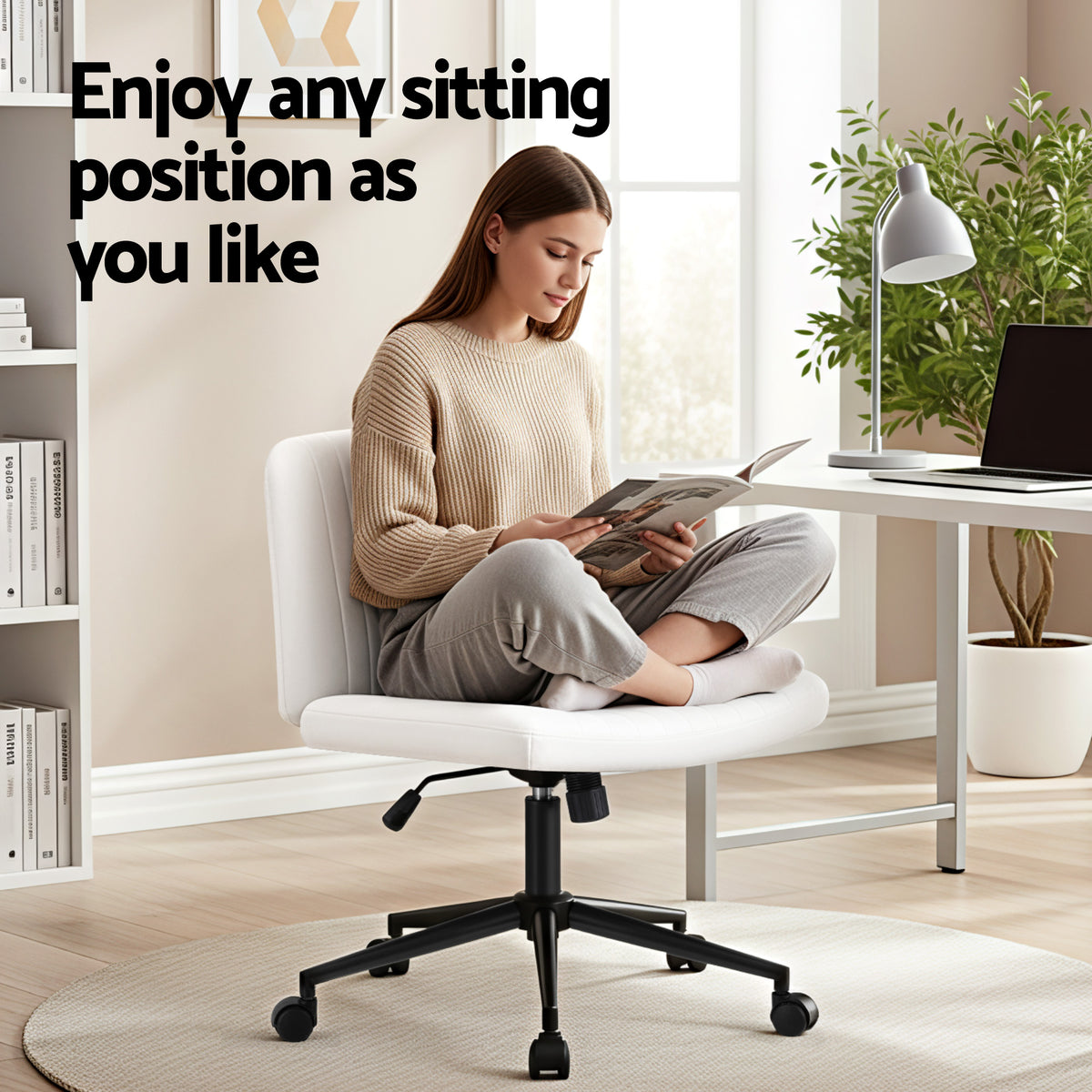 Artiss Criss Cross Chair with Wheels Wide Cross Legged Office Desk Vanity Chair PU Leather, Armless Height OCHAIR-L-2016-WH