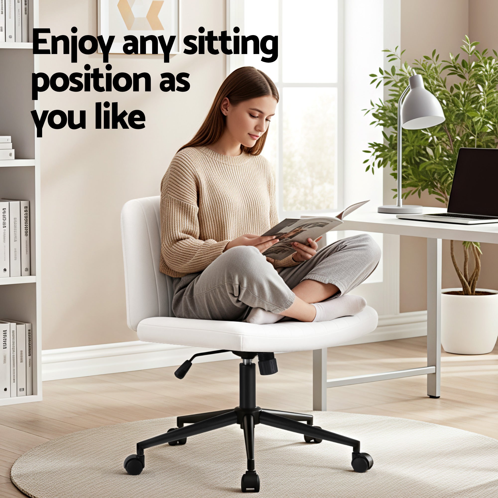 Artiss Criss Cross Chair with Wheels Wide Cross Legged Office Desk Vanity Chair PU Leather, Armless Height OCHAIR-L-2016-WH