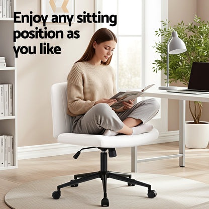 Artiss Criss Cross Chair with Wheels Wide Cross Legged Office Desk Vanity Chair PU Leather, Armless Height OCHAIR-L-2016-WH
