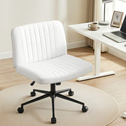 Artiss Criss Cross Chair with Wheels Wide Cross Legged Office Desk Vanity Chair PU Leather, Armless Height OCHAIR-L-2016-WH