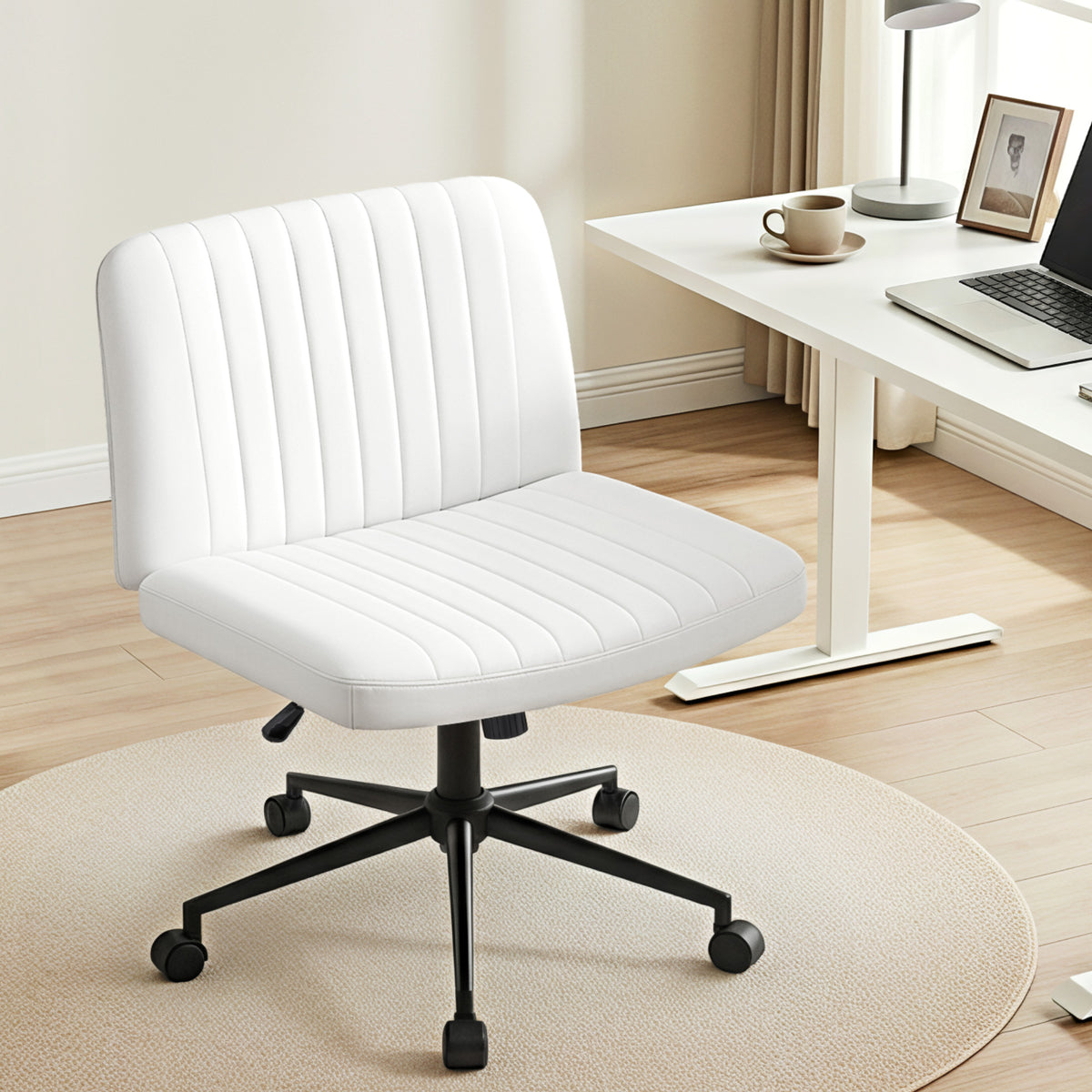 Artiss Criss Cross Chair with Wheels Wide Cross Legged Office Desk Vanity Chair PU Leather, Armless Height OCHAIR-L-2016-WH