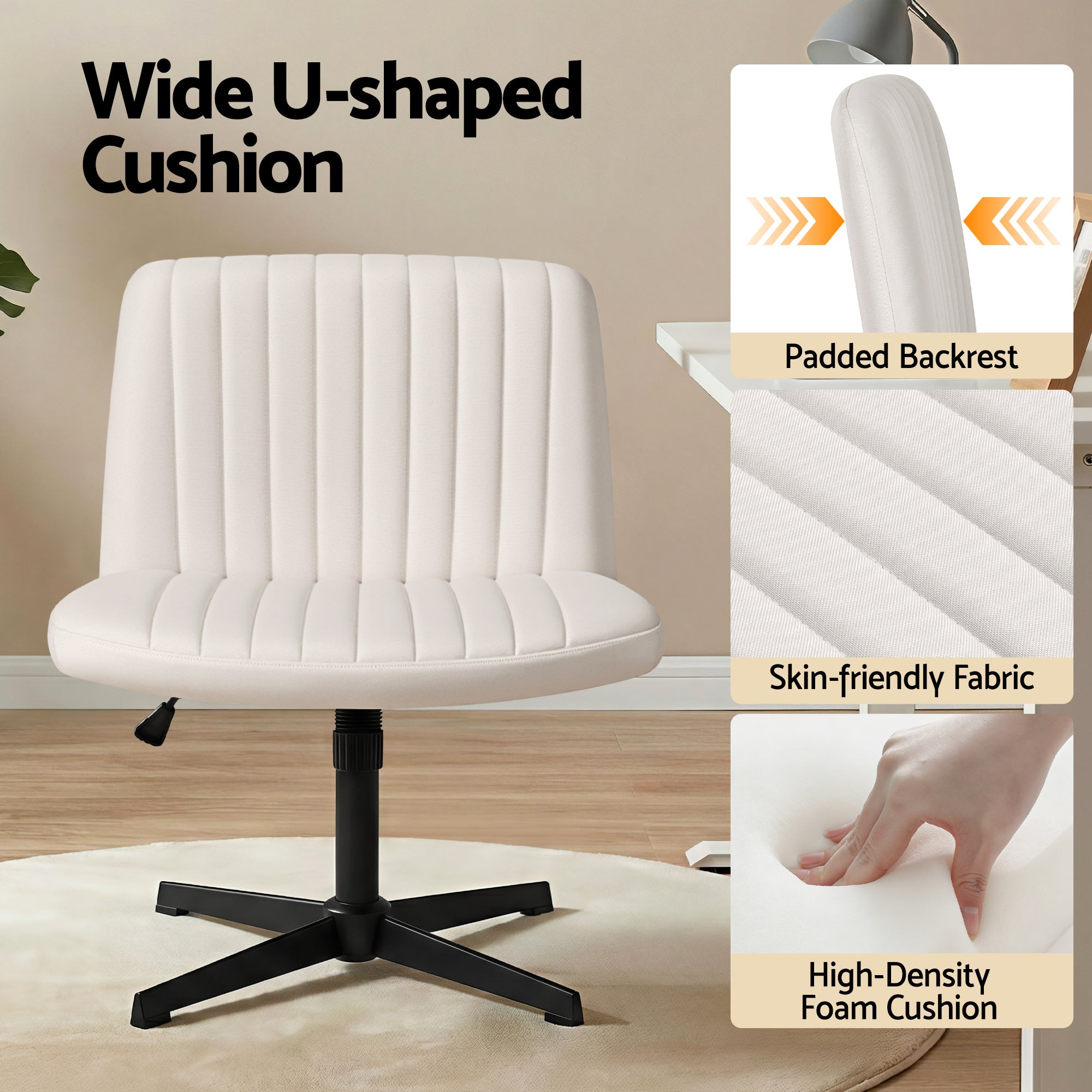 Artiss Criss Cross Chair No Wheels Fabric Wide Cross Legged Office Desk Vanity Chair Armless, Height OCHAIR-L-2017-BG