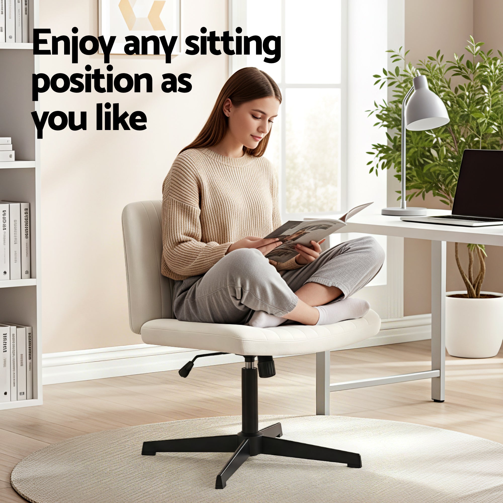 Artiss Criss Cross Chair No Wheels Fabric Wide Cross Legged Office Desk Vanity Chair Armless, Height OCHAIR-L-2017-BG