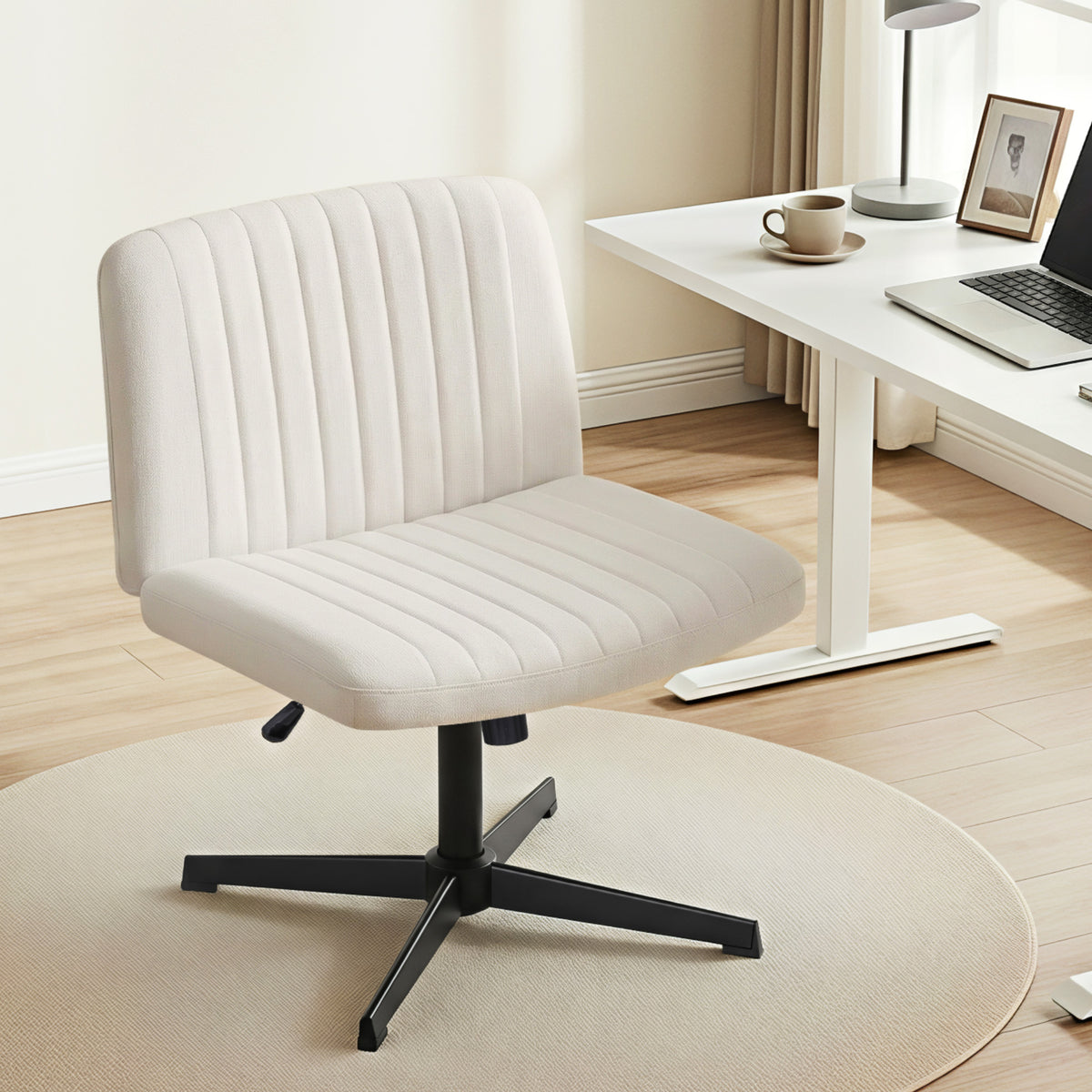 Artiss Criss Cross Chair No Wheels Fabric Wide Cross Legged Office Desk Vanity Chair Armless, Height OCHAIR-L-2017-BG