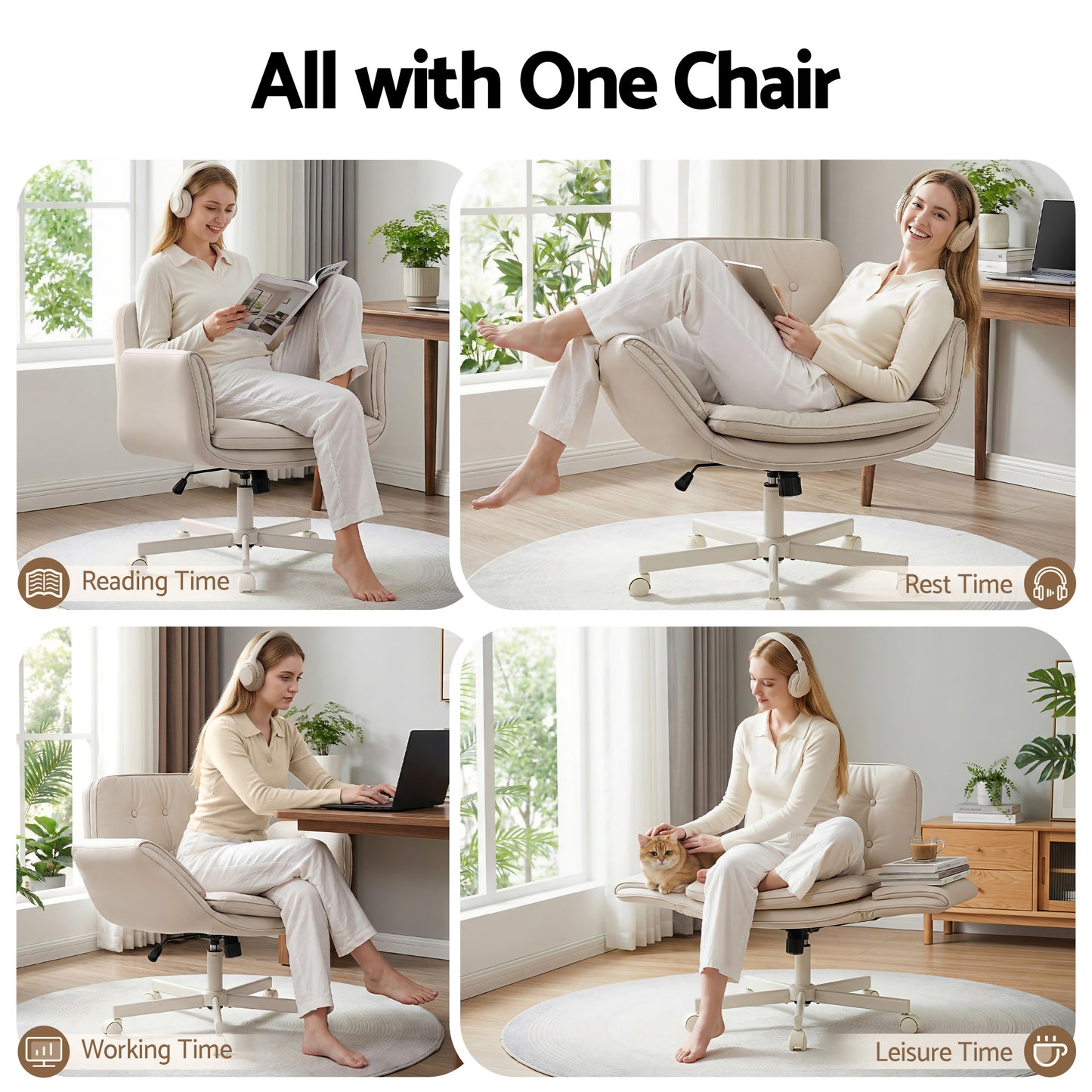 Artiss Criss Cross Chair with Wheels & Adjustable Armrests, Ergonomic Cross Legged Office Desk Chair PU OCHAIR-L-2018-BG