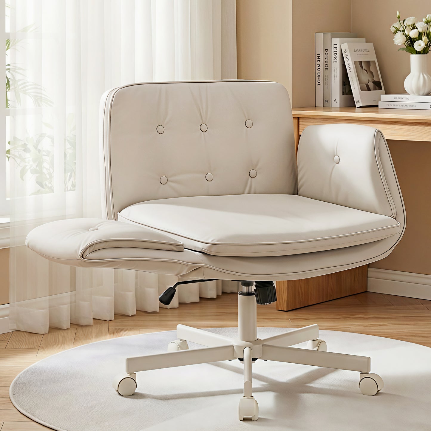 Artiss Criss Cross Chair with Wheels & Adjustable Armrests, Ergonomic Cross Legged Office Desk Chair PU OCHAIR-L-2018-BG