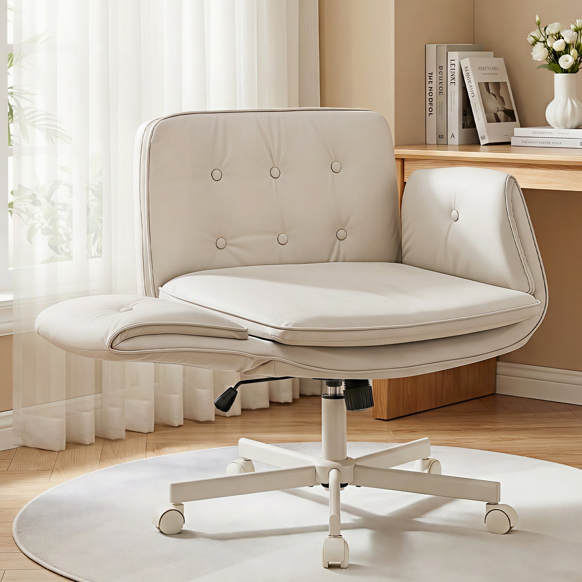 Artiss Criss Cross Chair with Wheels & Adjustable Armrests, Ergonomic Cross Legged Office Desk Chair PU OCHAIR-L-2018-BG