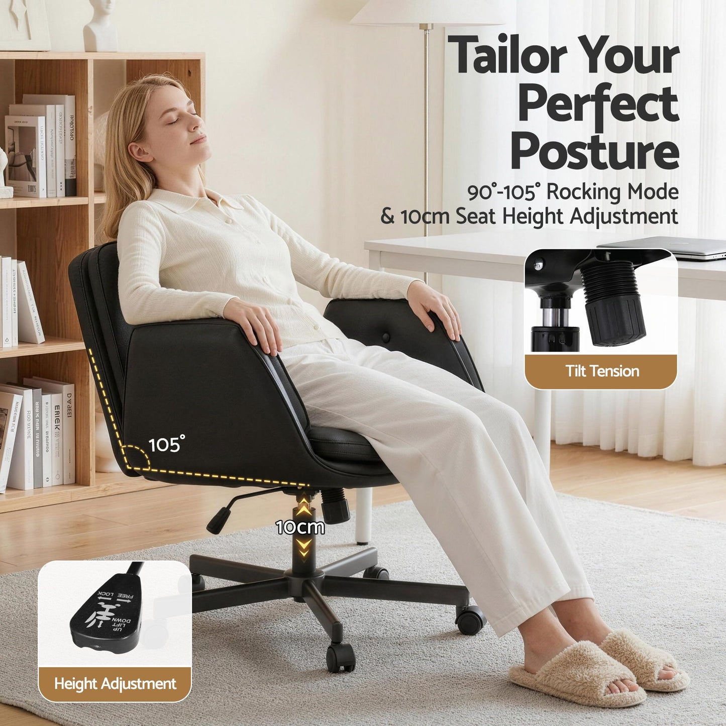 Artiss Criss Cross Chair with Wheels & Adjustable Armrests, Ergonomic Cross Legged Office Desk Chair PU OCHAIR-L-2018-BK