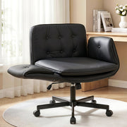 Artiss Criss Cross Chair with Wheels & Adjustable Armrests, Ergonomic Cross Legged Office Desk Chair PU Leather Vanity Chair Swivel for Home, Make Up, Bedroom, Computer, Black