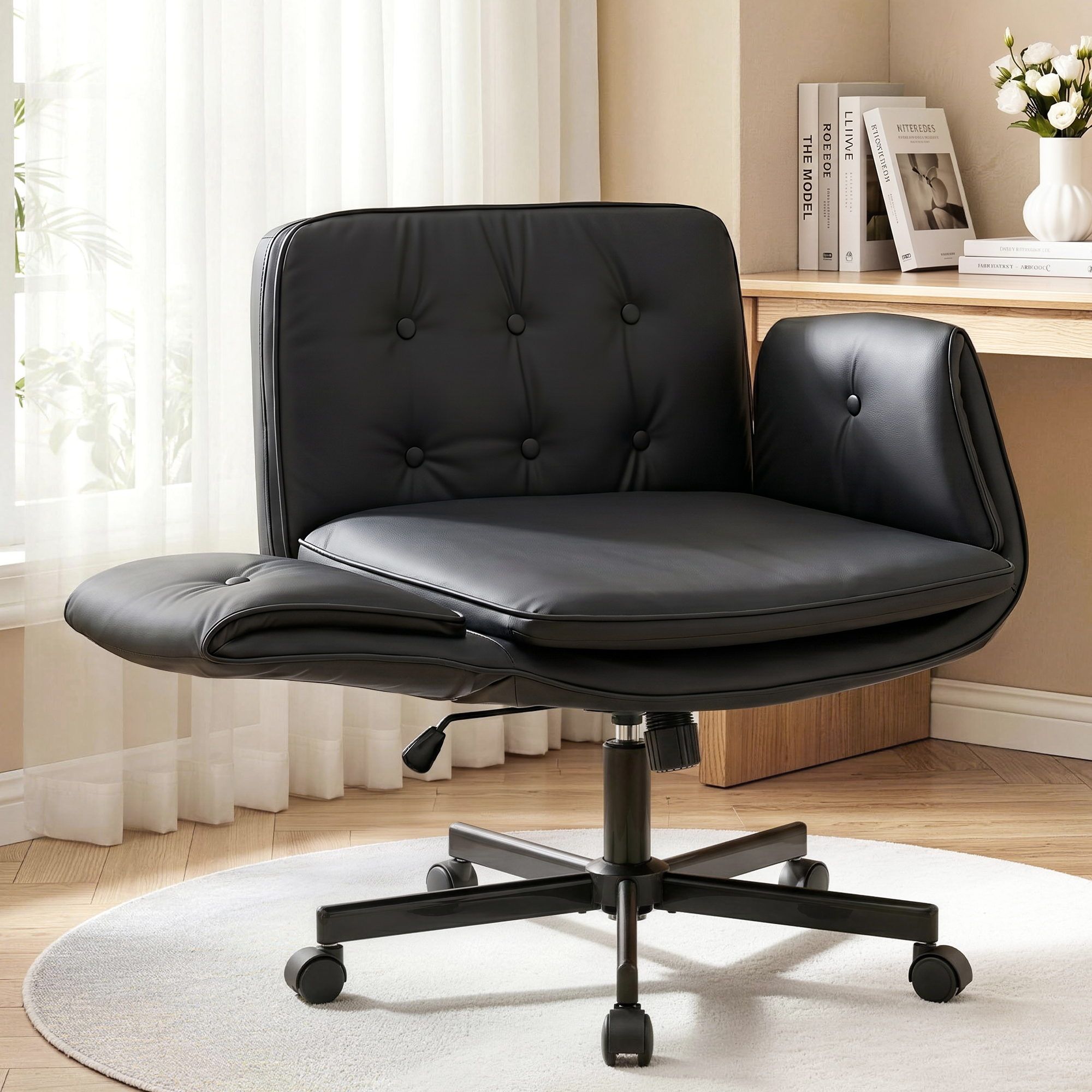 Artiss Criss Cross Chair with Wheels & Adjustable Armrests, Ergonomic Cross Legged Office Desk Chair PU Leather Vanity Chair Swivel for Home, Make Up, Bedroom, Computer, Black