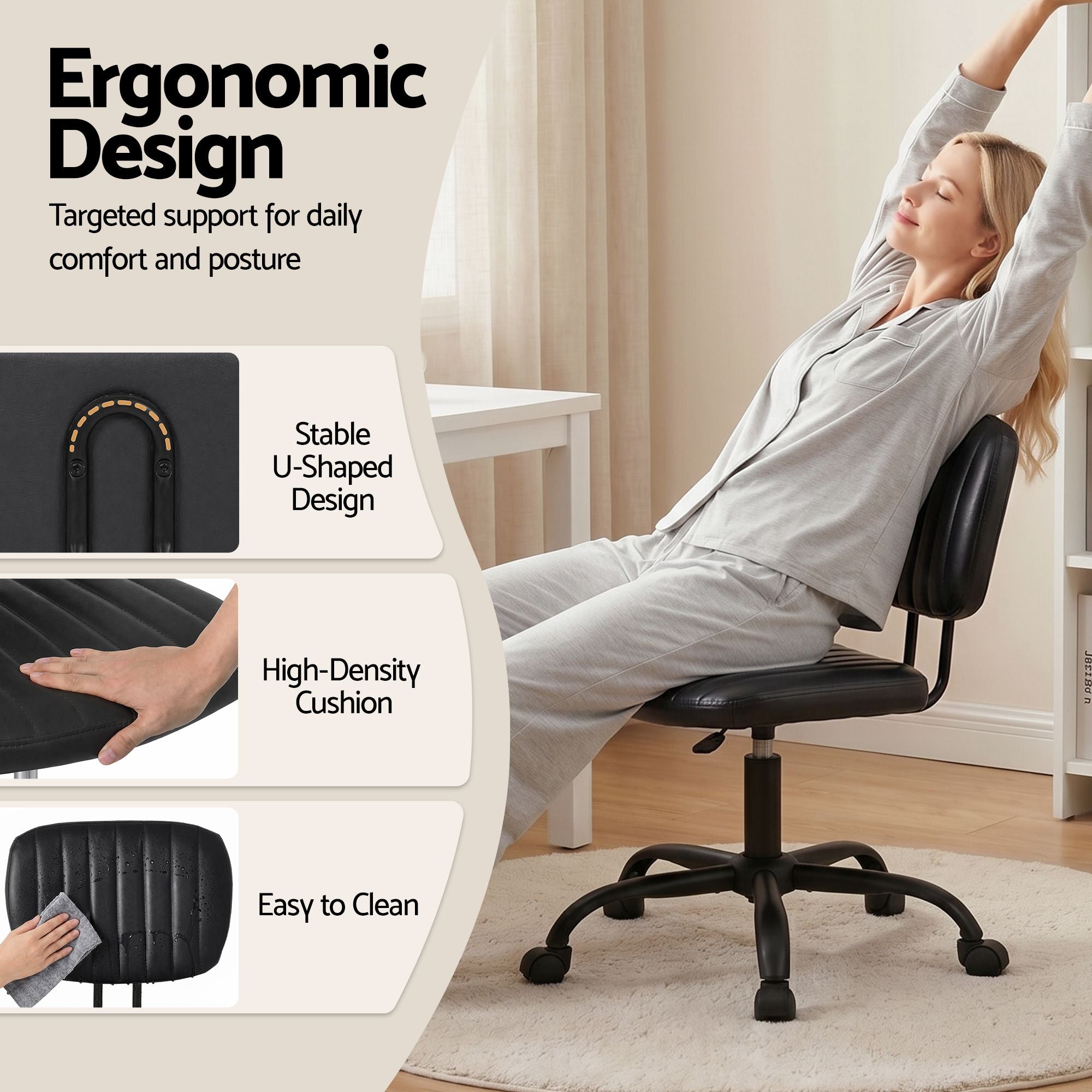 Artiss Armless Office Chair with Wheels, Ergonomic PU Leather Office Desk Chair, Height Adjustable 360° Swivel Computer Task Chair for Home Office, Study Room & Small Space, Black