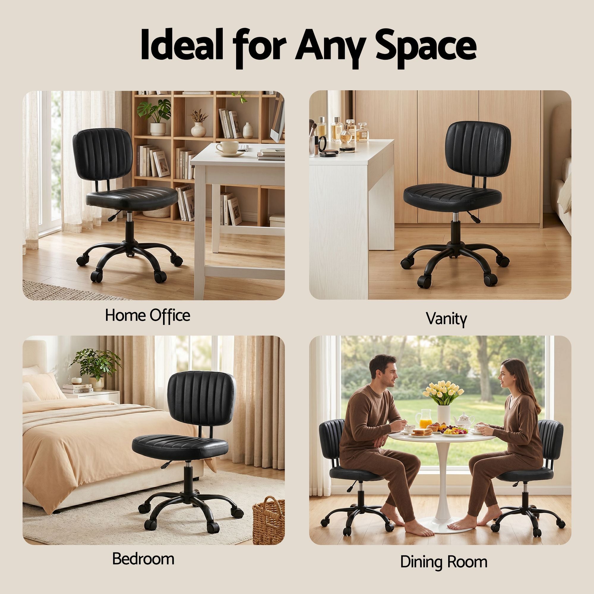 Artiss Armless Office Chair with Wheels, Ergonomic PU Leather Office Desk Chair, Height Adjustable 360° Swivel Computer Task Chair for Home Office, Study Room & Small Space, Black