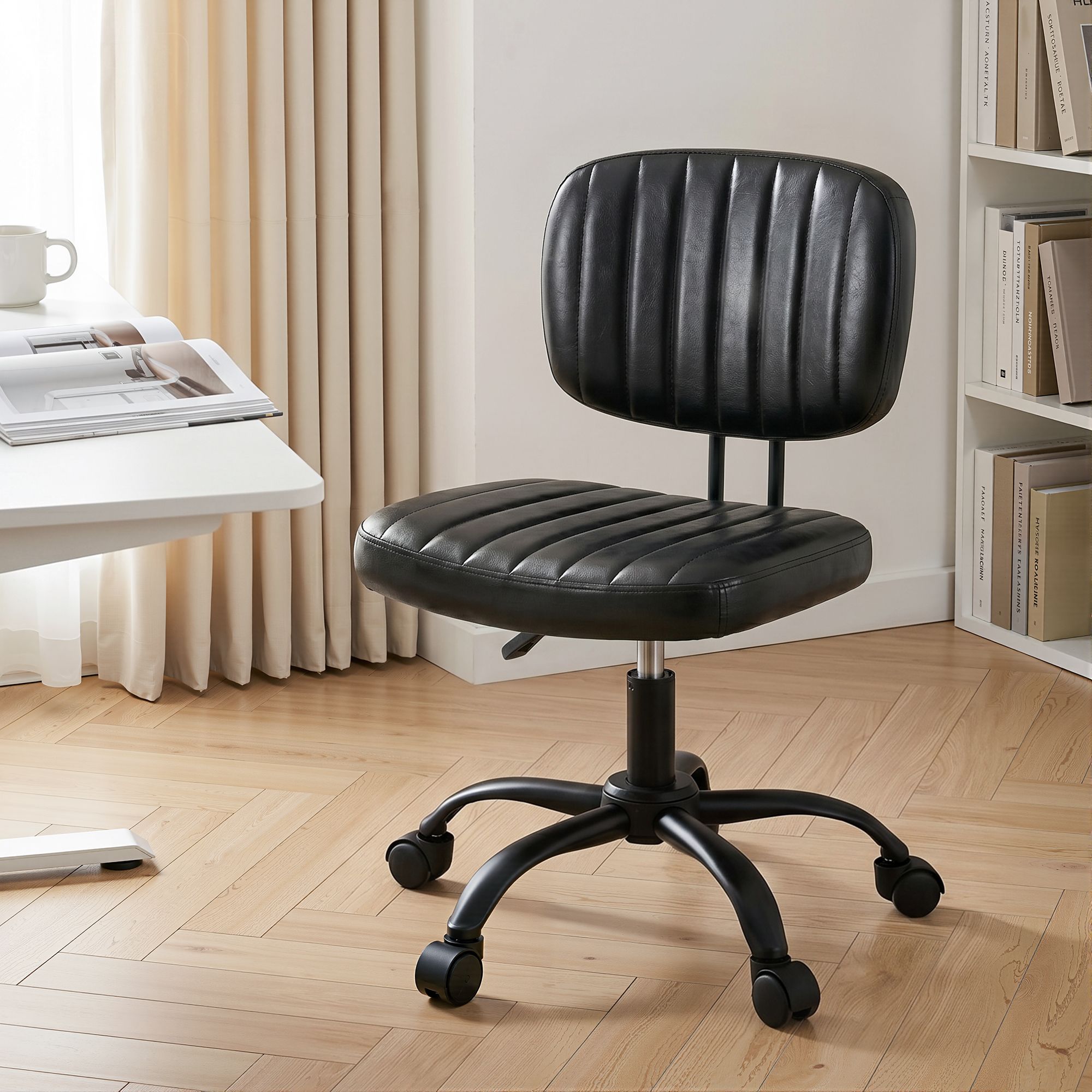 Artiss Armless Office Chair with Wheels, Ergonomic PU Leather Office Desk Chair, Height Adjustable 360° Swivel Computer Task Chair for Home Office, Study Room & Small Space, Black