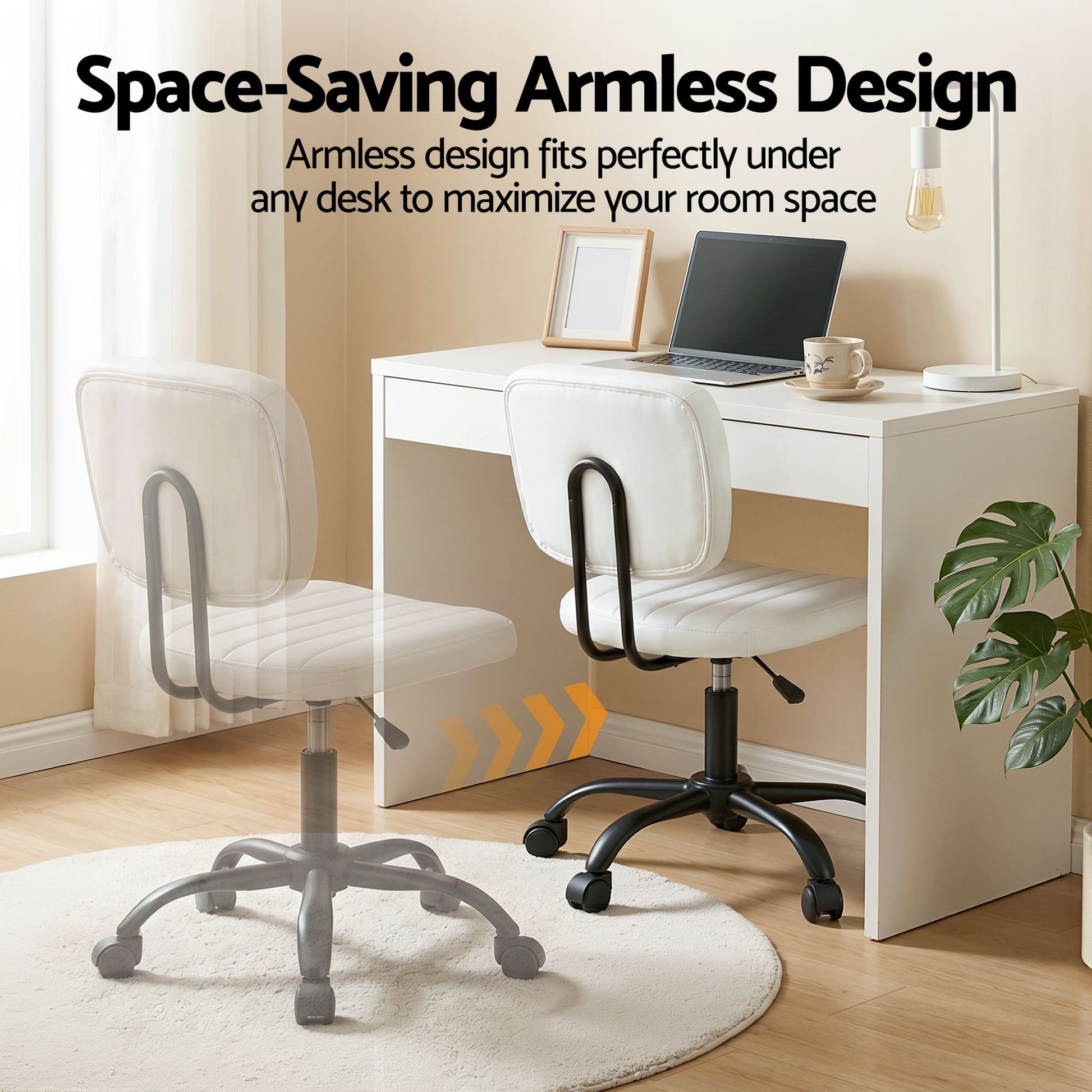 Artiss Armless Office Chair with Wheels, Ergonomic PU Leather Office Desk Chair, Height Adjustable 360 OCHAIR-M-1142-PU-WH