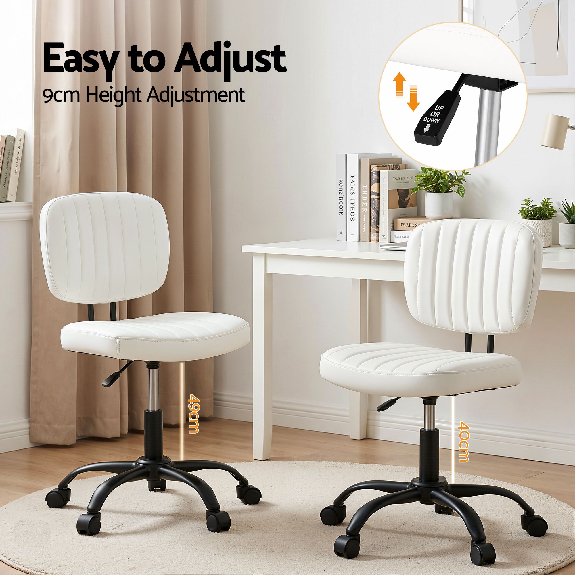 Artiss Armless Office Chair with Wheels, Ergonomic PU Leather Office Desk Chair, Height Adjustable 360° Swivel Computer Task Chair for Home Office, Study Room & Small Space, White